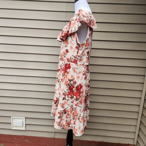 Cato Plus Multicolor Floral Print Dress Cream Red Flounce Hem Crepe Ruffle - Picture 9 of 16